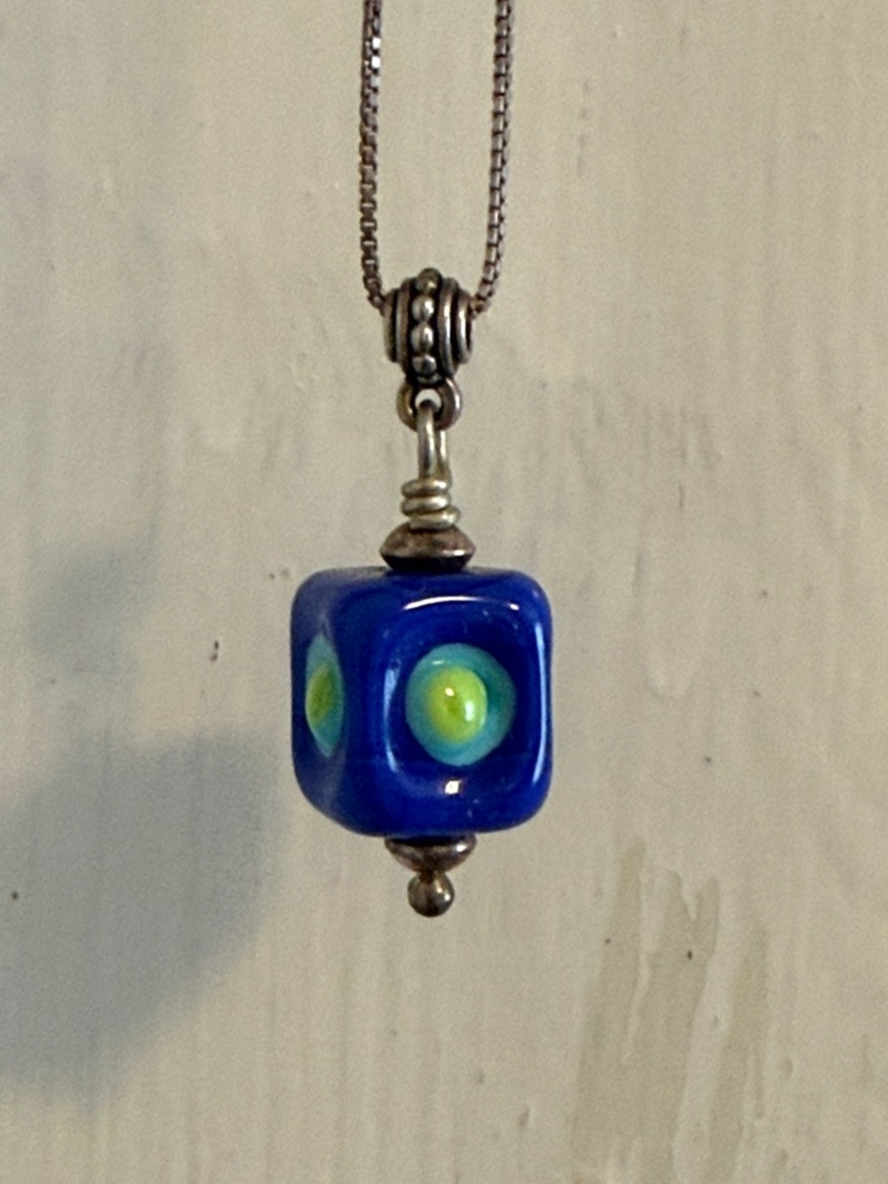 Handcrafted Lampwork Blue Glass Cube Bead Pendant Necklace with Sterling Silver